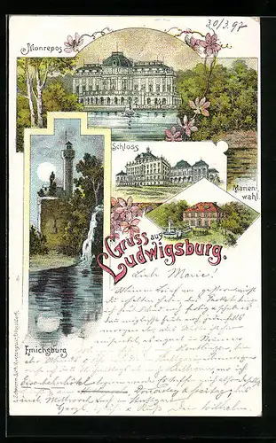 Lithographie Ludwigsburg, Monrepos, Marienwall, Schloss, Emichsburg bei Nacht