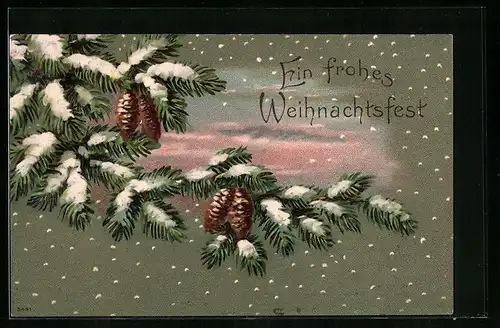 AK Ein frohes Weihnachtsfest, Verschneiter Tannenzweig