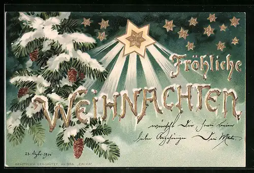 Lithographie Verschneite Tannenzweige mit Weihnachtsstern