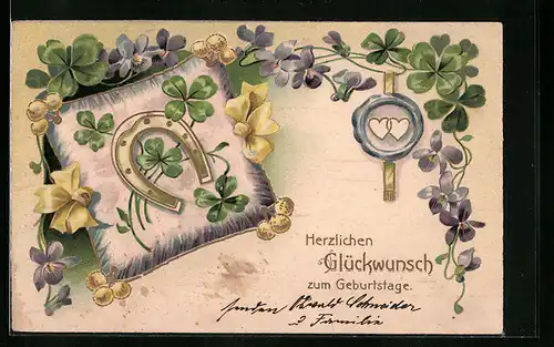 AK Hufeisen mit Kleeblättern, Glückwunsch zum Geburtstag