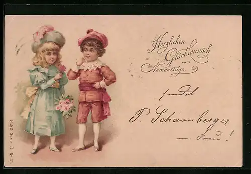 AK Glückwunsch zum Namenstag, Kinder mit Blüten