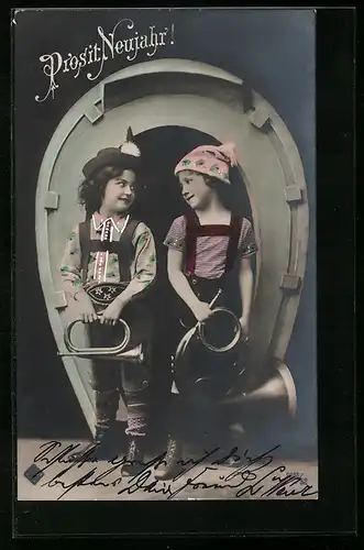 AK Kinder mit Hufeisen, Prosit Neujahr