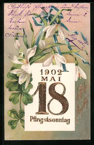AK Pfingstonntag 18. Mai 1902, Schneeglöckchen und Kleeblätter
