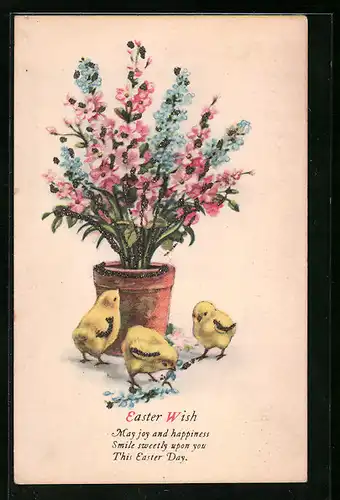 AK Osterküken mit Blumen, Easter Wish