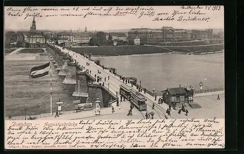 AK Dresden, Strassenbahnverkehr auf der Augustusbrücke
