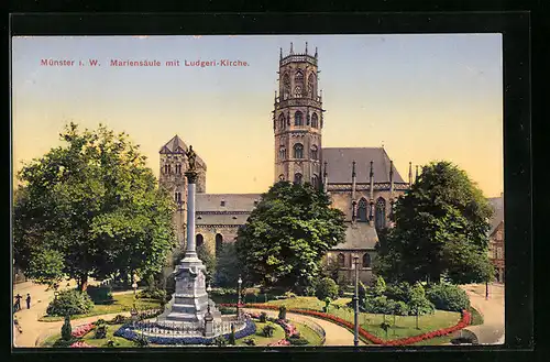 AK Münster i. W., Mariensäule mit Ludgerikirche