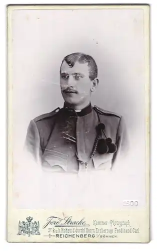 Fotografie Ferdinand Stracke, Reichenberg i. B., Stefans-Strasse 9, Soldat mit Oberlippenbart und Bommeln an der Brust