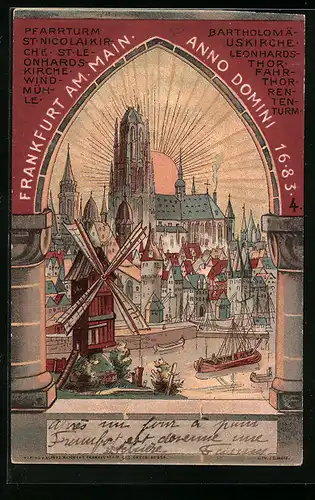 Lithographie Frankfurt am Main, Blick auf Pfarrturm, St. Nicolaikirche, Windmühle