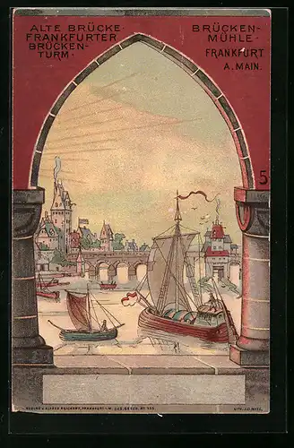 Lithographie Frankfurt a. Main, Blick auf Alte Brücke, Brückenmühle, Schiffe