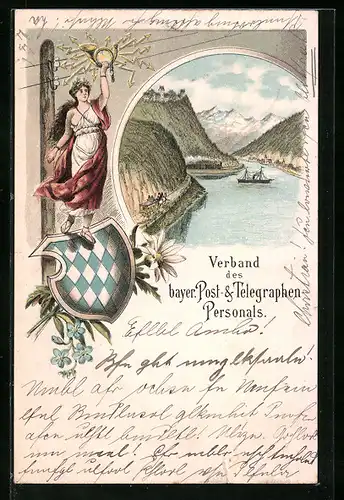 Lithographie Verband des Bayrischen Post- und Telegraphen-Personals, Blick in ein Flusstal