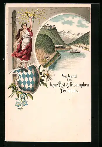 Lithographie Verband des bayer. Post- und Telegraphen-Personals, Flusslandschaft