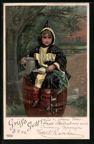 Präge-AK Münchner Kindl mit Bierkrug sitzt auf einem Fass