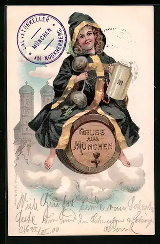 Lithographie München, Münchner Kindl fliegt auf einem Bierfass, Im Hintergrund Frauenkirche