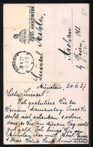 Künstler-AK Münchner Kindl mit Blumenkorb in einer Berglandschaft