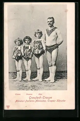Leporello-AK Grawford Troupe, Miniatur-Parterre-Akrobaten und Trapez-Künstler
