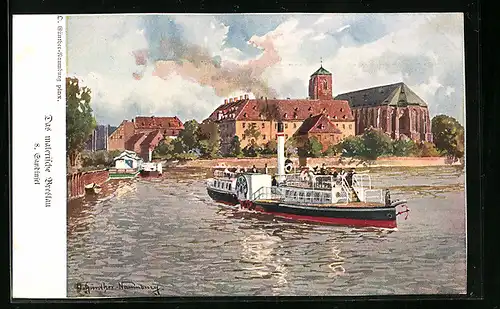 Künstler-AK Breslau, Sandinsel mit Dampfer