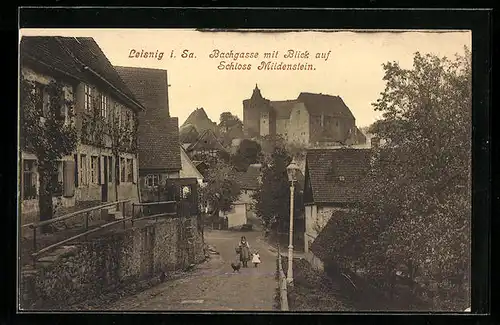 AK Leisnig i. Sa., Bachgasse mit Blick auf Schloss Mildenstein