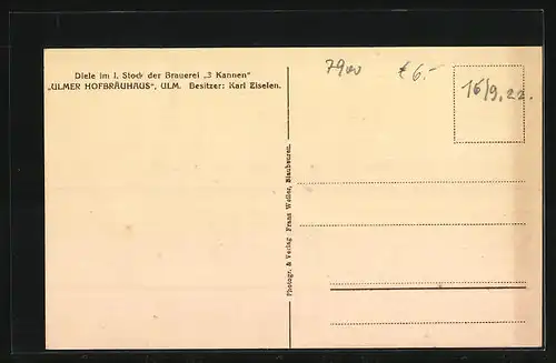 AK Ulm, Diele im 1. Stock der Brauerei 3 Kannen Ulmer Hofbräuhaus, Gasthof