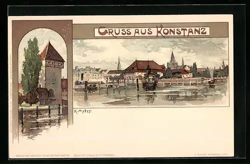 Künstler-AK Karl Mutter: Konstanz, Uferpartie mit Dampfer, Turm