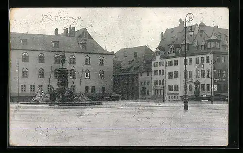 AK Nürnberg, Hochwasser-Katastrophe 1909, Hauptmarkt mit Geschäften und Denkmal