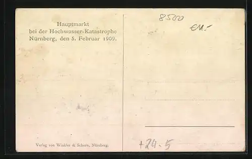 AK Nürnberg, Hochwasser-Katastrophe 1909, Hauptmarkt mit Geschäften und Denkmal