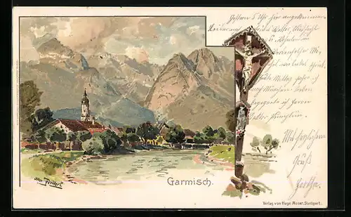 Künstler-AK Otto Strützel: Garmisch, Uferpartie mit Bergen, Flurkreuz