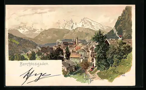 Künstler-AK Otto Strützel: Berchtesgaden, Teilansicht mit Bergen
