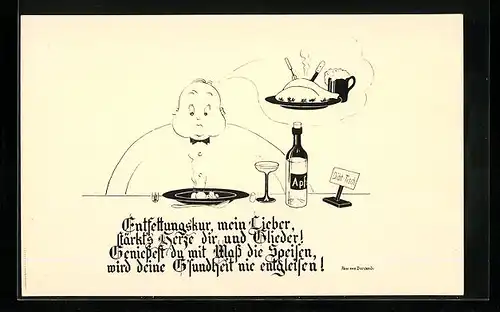 Künstler-AK Berggiesshübel, Die lustige Kneippkur, Mann bei der Entfettungskur, Badekultur