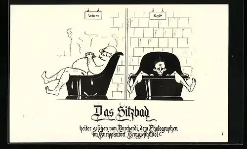 Künstler-AK Berggiesshübel, Die lustige Kneippkur, Mann bei einem Sitzbad, Badekultur