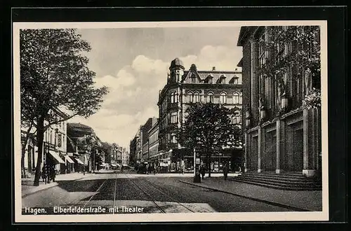 AK Hagen, Elberfelderstrasse mit Cafe und Theater