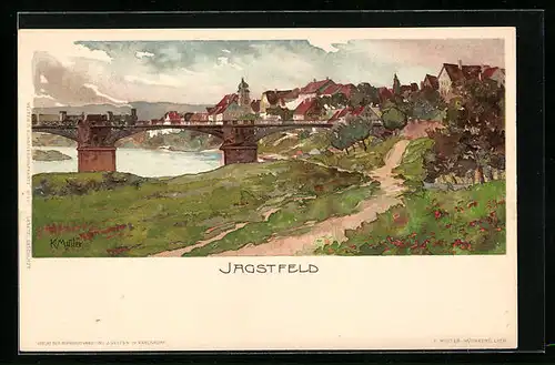 Künstler-AK Karl Mutter: Jagstfeld, Uferpartie mit Brücke