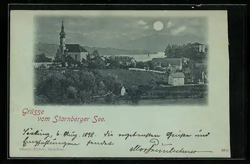 Mondschein-AK Starnberg, Starnberger See mit Kirche