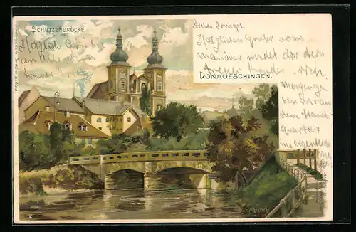 Künstler-AK Carl Münch: Donaueschingen, Partie an der Schützenbrücke