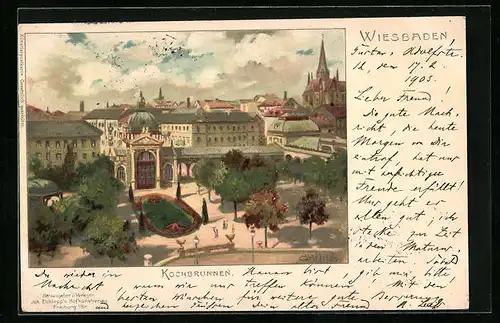 Künstler-AK Carl Münch: Wiesbaden, Kochbrunnen aus der Vogelschau