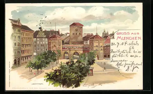 Künstler-AK Carl Münch: München, Isartor mit Uhrenturm
