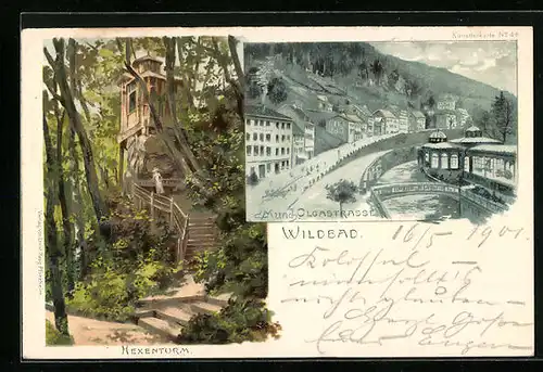 Künstler-AK Carl Münch: Wildbad, Olgastrasse mit Brücke, Hexenturm im Wald