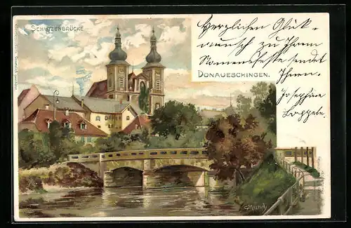 Künstler-AK Carl Münch: Donaueschingen, Die Schützenbrücke mit Blick zur Kirche