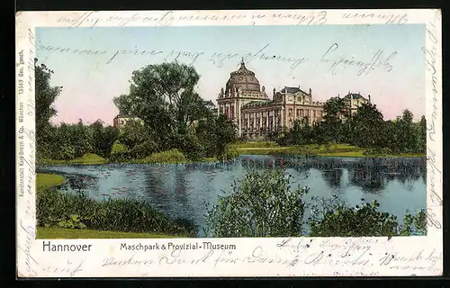 Goldfenster-AK Hannover, Maschpark und Provizial-Museum mit leuchtenden Fenstern