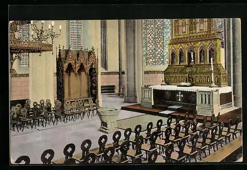 Goldfenster-AK Verden /Aller, Dom mit leuchtenden Fenstern, Altar mit Bischofstuhl