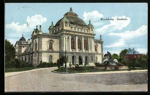 Goldfenster-AK Rendsburg, Stadthalle mit leuchtenden Fenstern