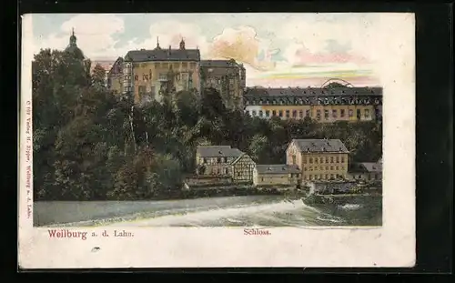 Relief-AK Weilburg a. d. Lahn, Flusspartie mit Schloss