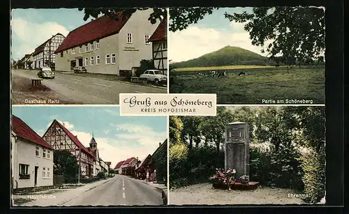 AK Schöneberg /Kreis Hofgeismar, Gasthaus Reitz, Ehrenmal, Hauptstrasse