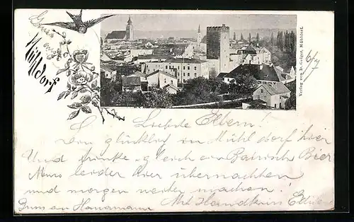 AK Mühldorf, Ortsansicht mit Turm und Blick zur Kirche