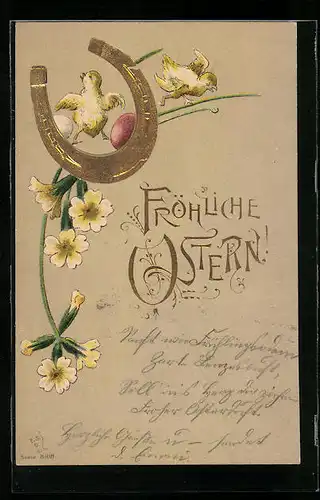 AK Osterküken mit Hufeisen und Blumen