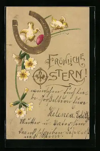 AK Osterküken mit Hufeisen und Blumen, Fröhliche Ostern