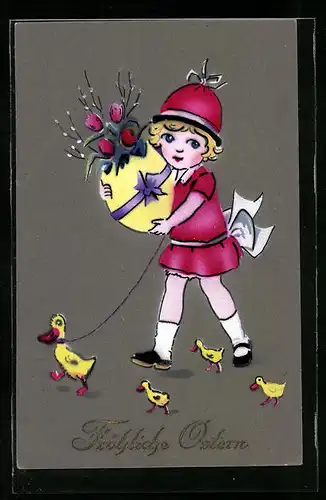 AK Fröhliche Ostern, Mädchen mit Osterküken