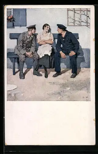 Künstler-AK Brynolf Wennerberg: Soldaten beim Geplänkel mit junger Dame