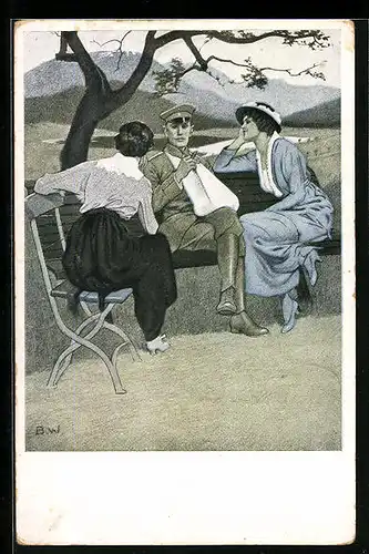 Künstler-AK Brynolf Wennerberg: Soldat im Gespräch mit zwei jungen Damen