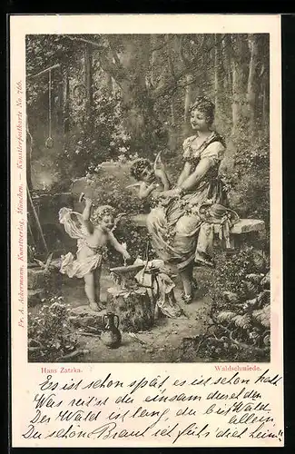 Künstler-AK Hans Zatzka: Amorfiguren in der Waldschmiede