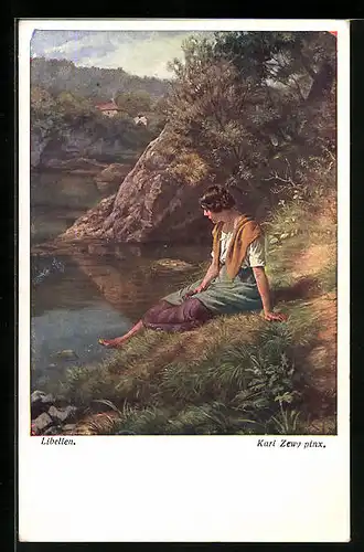Künstler-AK Carl Zewy: Junge Frau beobachtet Libellen am See